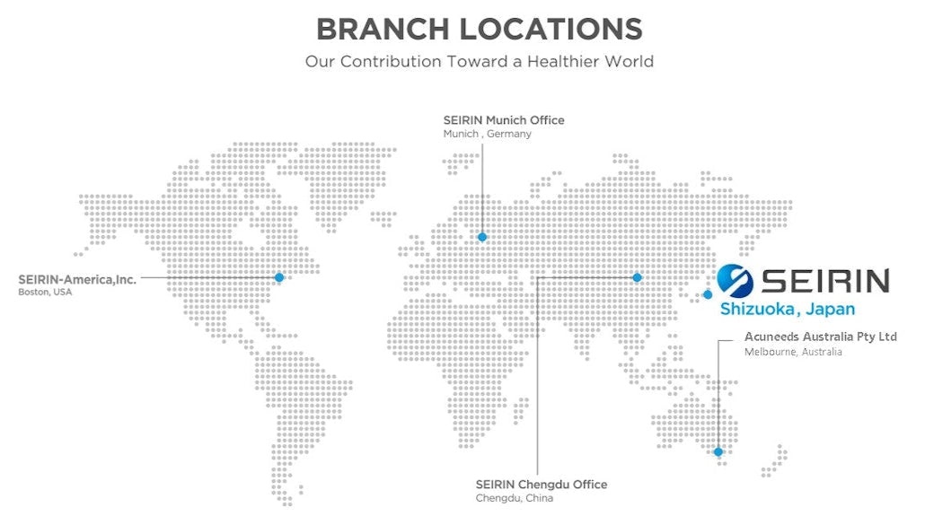 World map with Seirin branch locations labeled on a white background