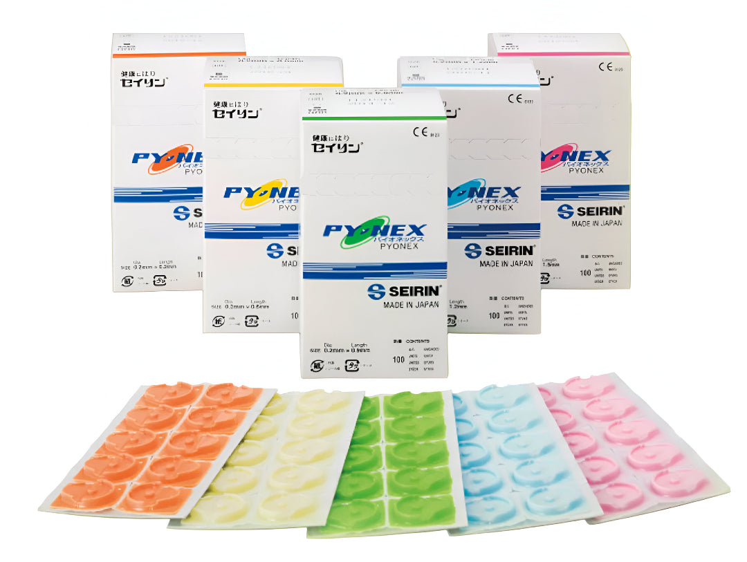 Packaging of Pyonex and Seirin products with colorful swatches below on a white background